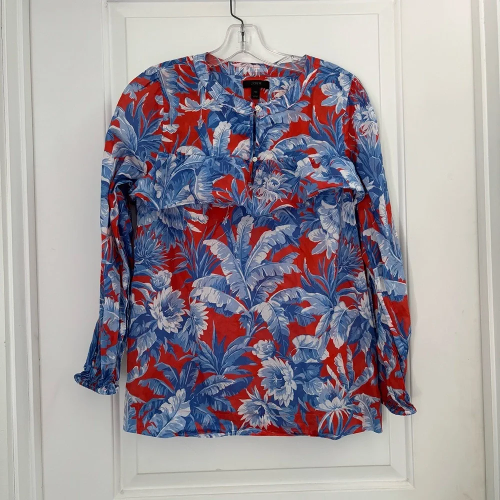 J. Crew Red and Blue Flowers Pullover Ruffle Boho Blouse Long Sleeves